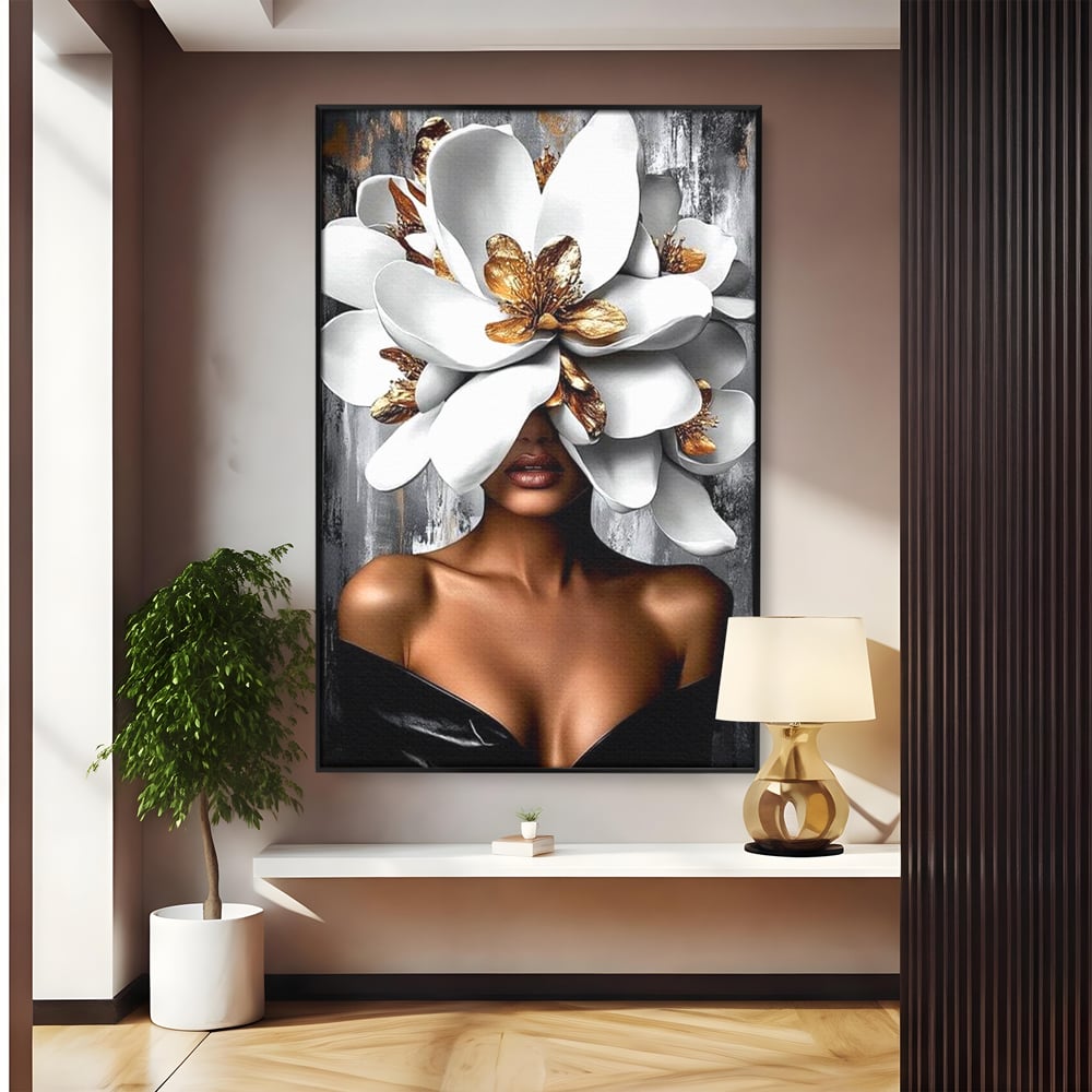 Tablou canvas cu tablou canvas cu femeie si magnolie alba, in rama de aluminiu negru